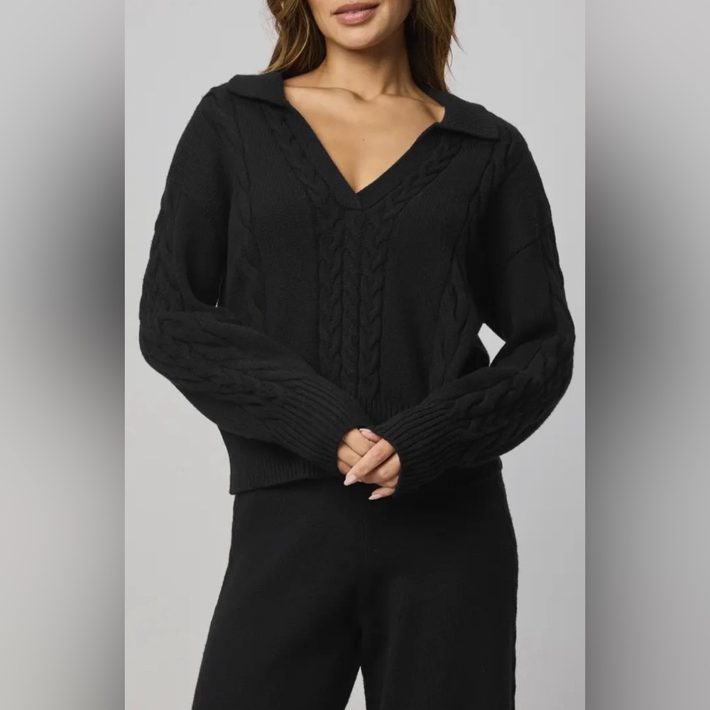 Splendid Jet Set Cable Stitch Polo Sweater - Black